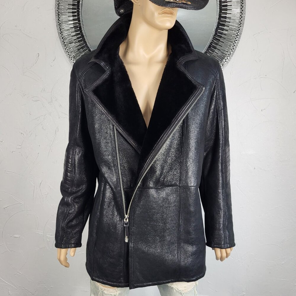 NWT~$1195~OTTIMO~L/XL~BLACK GENUINE LEATHER REAL SHEARLING FUR COAT JACKET